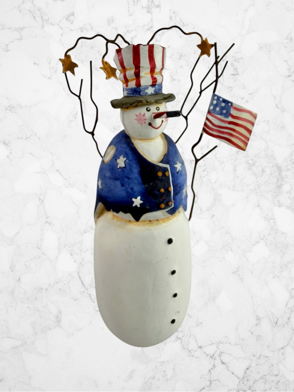 Sandi Gore Evans Patriotic Snowman Christmas Holiday Red White Blue Top Hat Flag